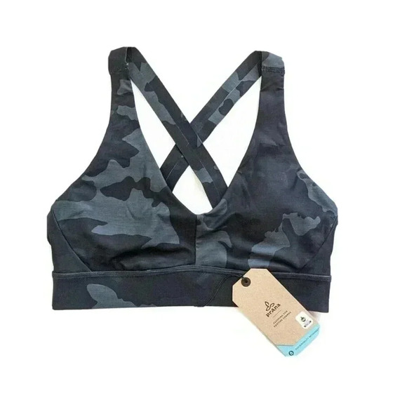 Prana Layna Bra Black Camo Gray Strappy V Neck Sports Bra NEW Size XS $59 - Picture 1 of 4